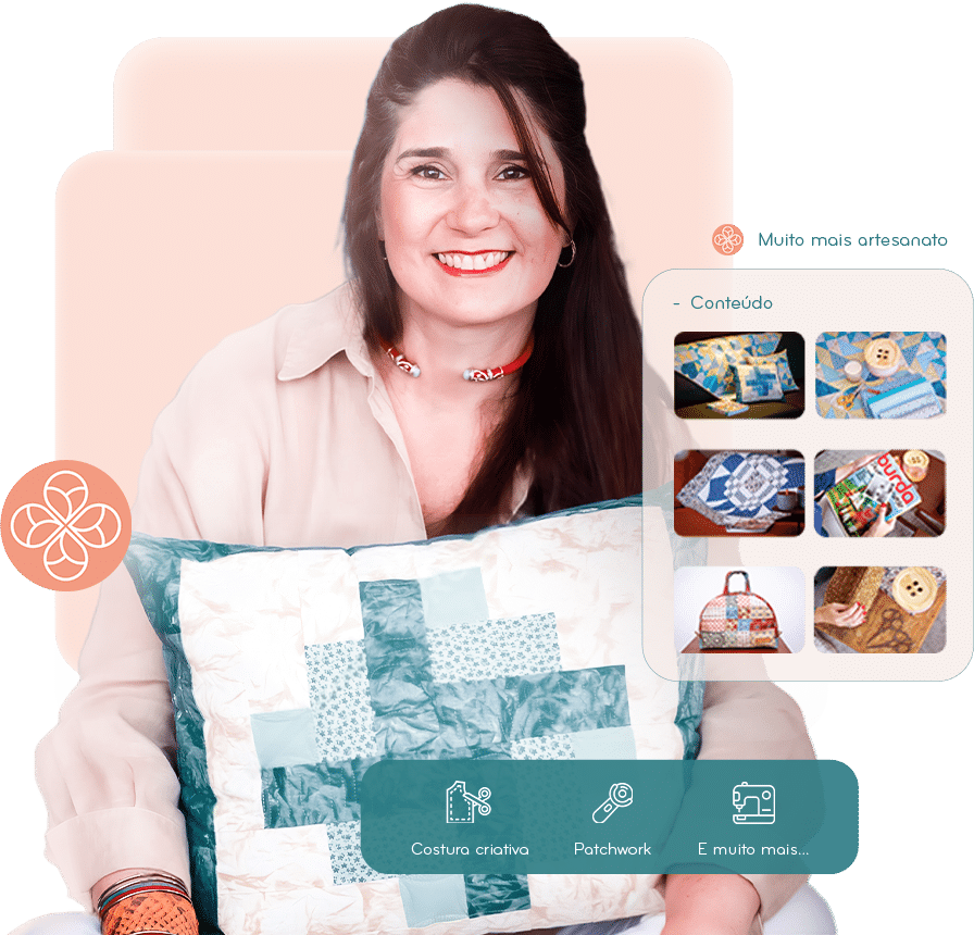 Claudia Barddal segurando uma almofada de patchwork, com galeria de produtos ao lado